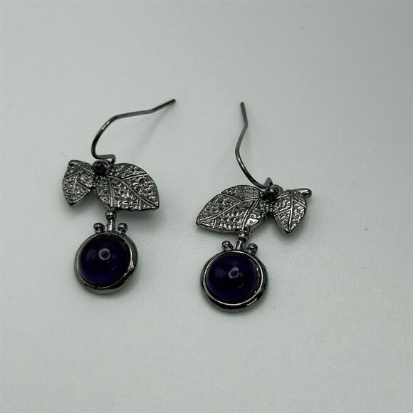 Boho Purple Beaded Faux Amethyst Leaf Dangle Earrings Silver Tone Nature - Picture 4 of 7